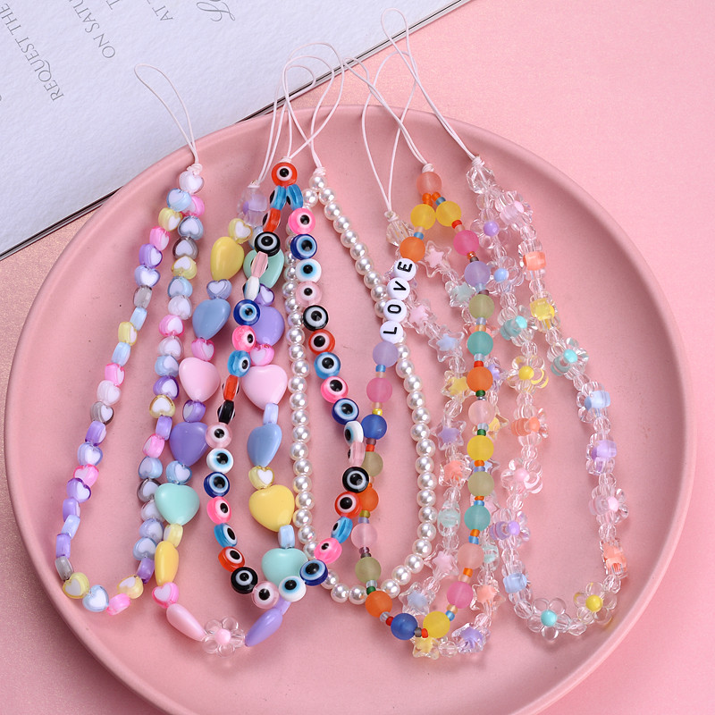 

Colorful Acrylic Beads LOVE Beads Mobile Phone Chains Flowers Evil Eye Cellphone Strap Lanyard Fashion Women Accessories