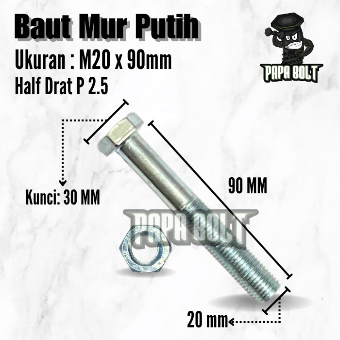 Baut Mur Hexagon Galvanis Putih BMP Hex M20x90 / 20x90 20mm Kunci 30