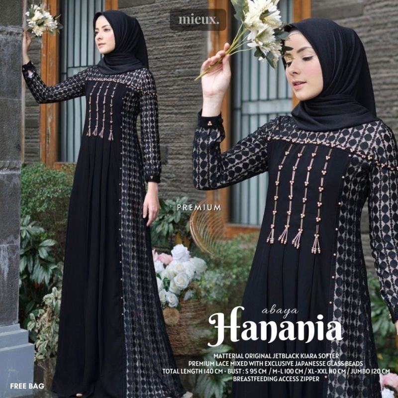 HANANIA ABAYA DRESS JETBLACK KIARA SOFTER BUSANA GAMIS MUSLIM MEWAH ELEGAN BAJU OOTD LEBARAN KEKINIA