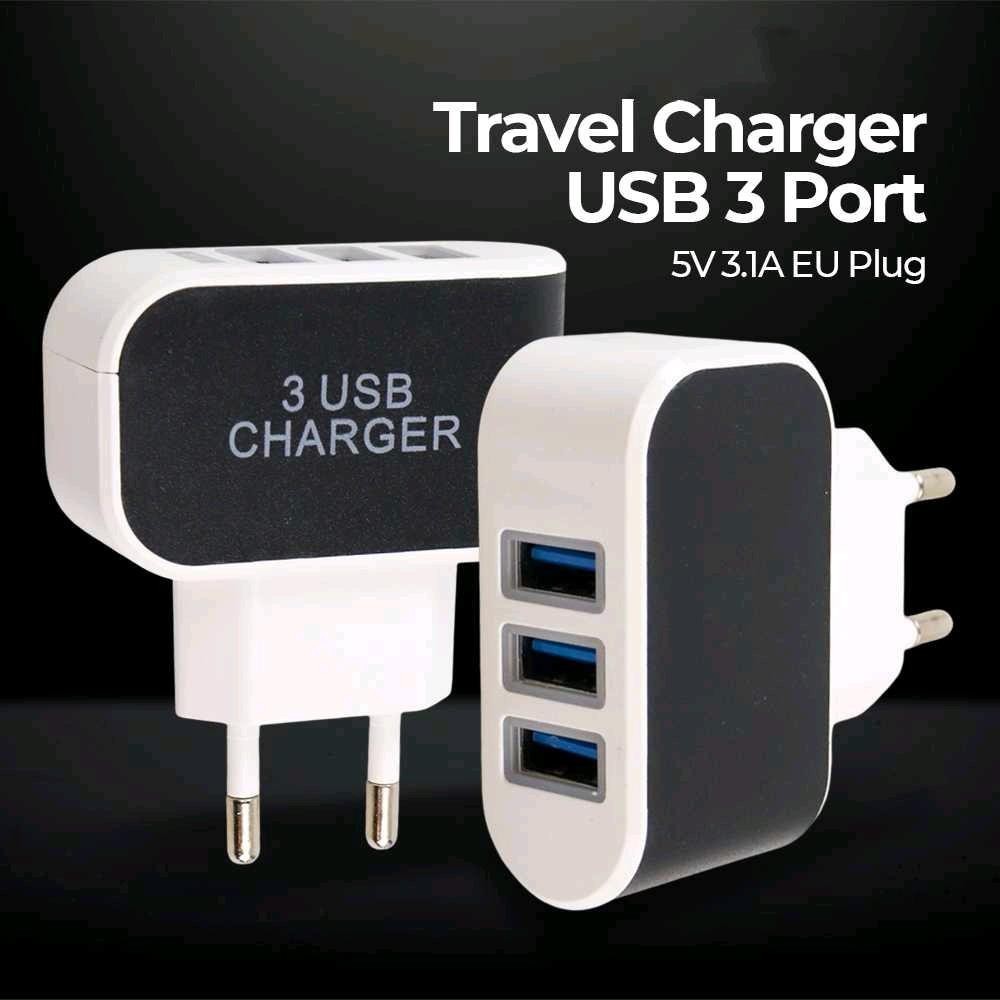 Adaptor Travel Charger USB 3 Port 5V 3.1A EU Plug - EKA - OMUAG4BK - Hitam