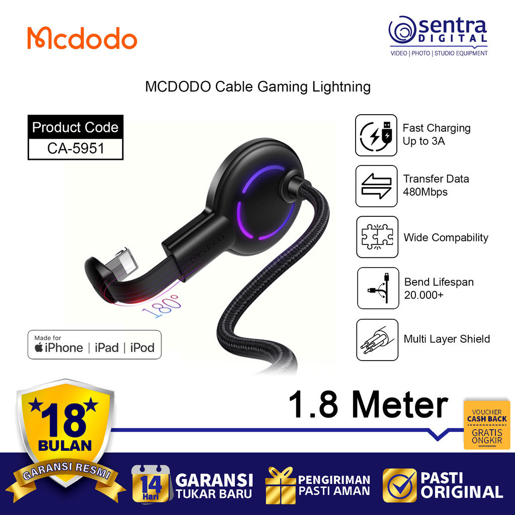 MCDODO Kabel Gaming USB IPHONE Lightning Fast Charging 1.8M CA-5951