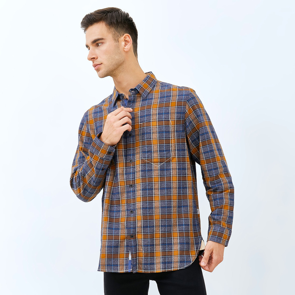 EMBA JEANS - Kemeja Flanel pria Lengan Panjang Warna Mustard - Nuvare One