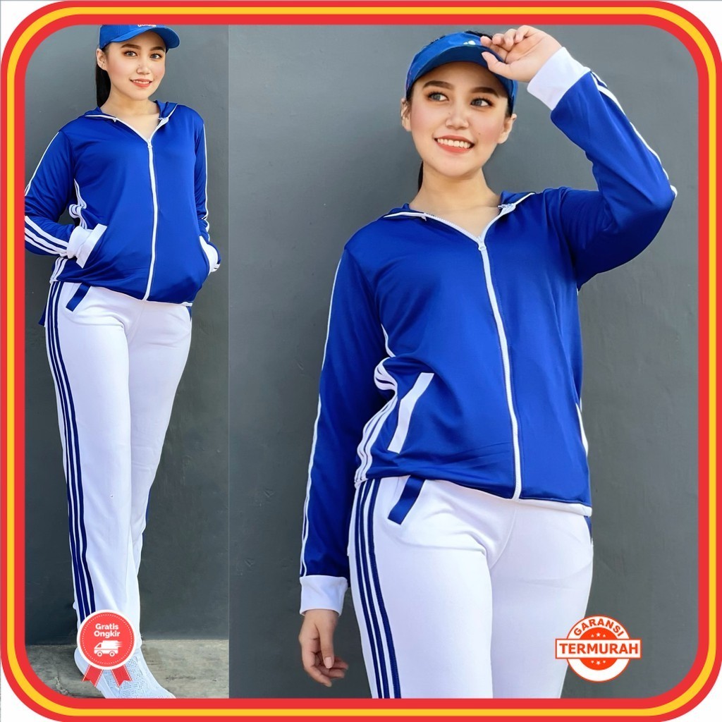 Set Olahraga Murah Bahan Premium Kekinian / Setelan Baju Senam Lapangan Training Biru Putih Zumba Ae
