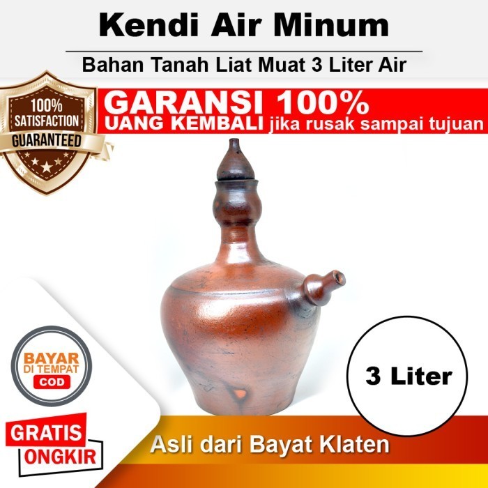 Kendi Tanah Liat Air Minum Teko Gerabah Tradisional - 3 Liter - Labu Tanah Gogok Glogok Kandi Kundi 