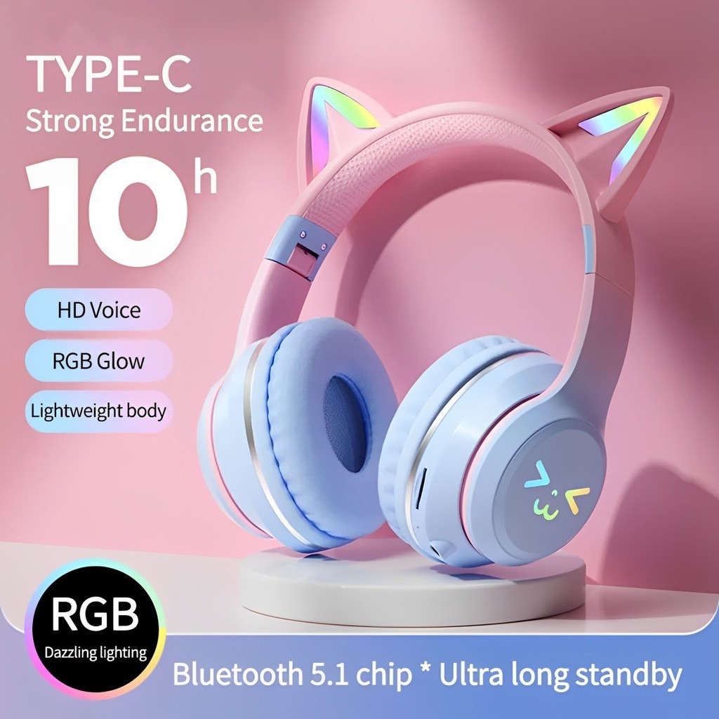 Headphone RGB Headset Hadiah Anak Perempuan Kucing Lucu dengan Mikrofon Headset Gaming Musik Stereo