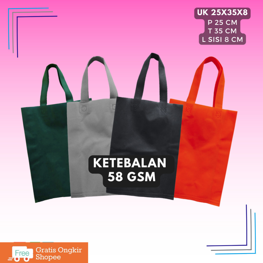 

Super ECONOMIS Goodie bag tali 25x35x8 58GSM harga per lusin / tas spunbond