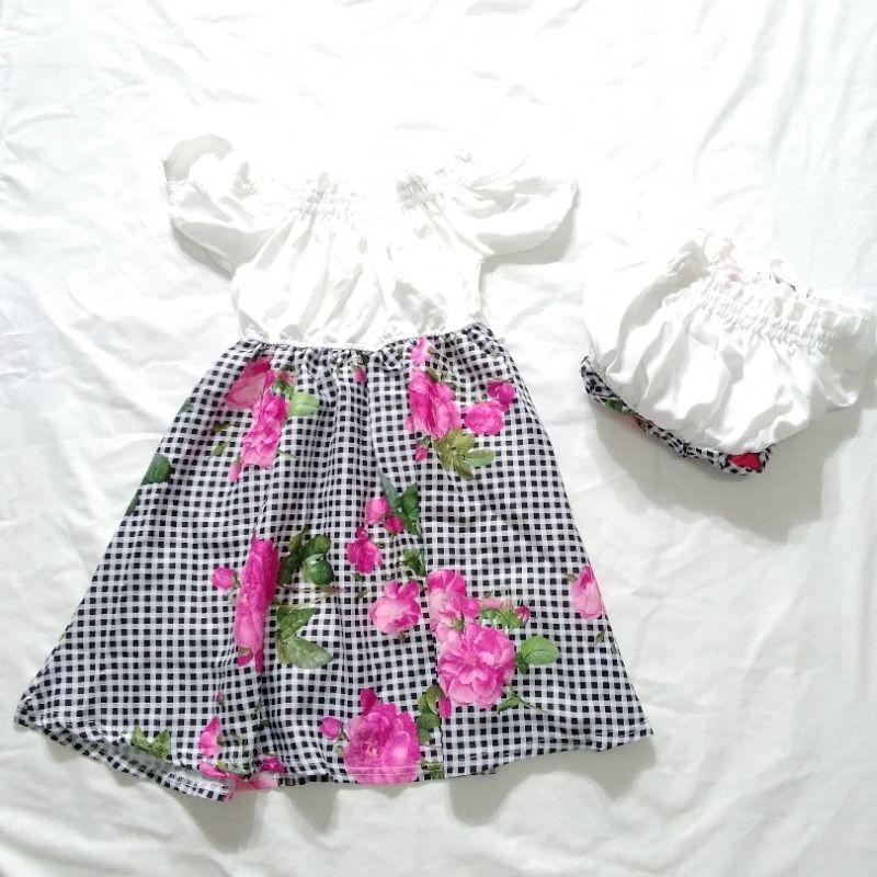 DRESS PESTA ANAK FASHION CEWEK MOTIF KOTAK IMPORT BUNGA PINK MERAH UMUR 6-9 TAHUN