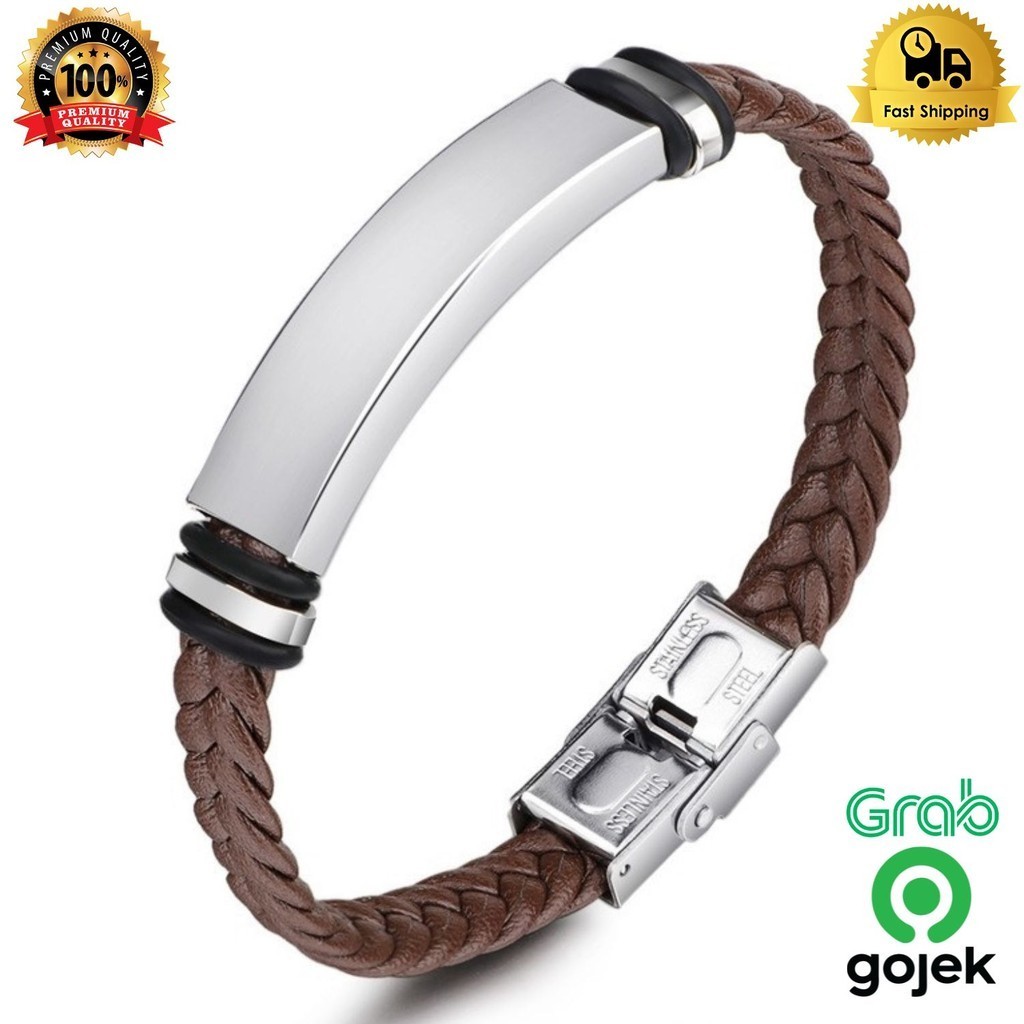 Gelang kulit brown kepang gesper plat silver , gelang kulit pria / gelang kulit kepang / gelang cokl