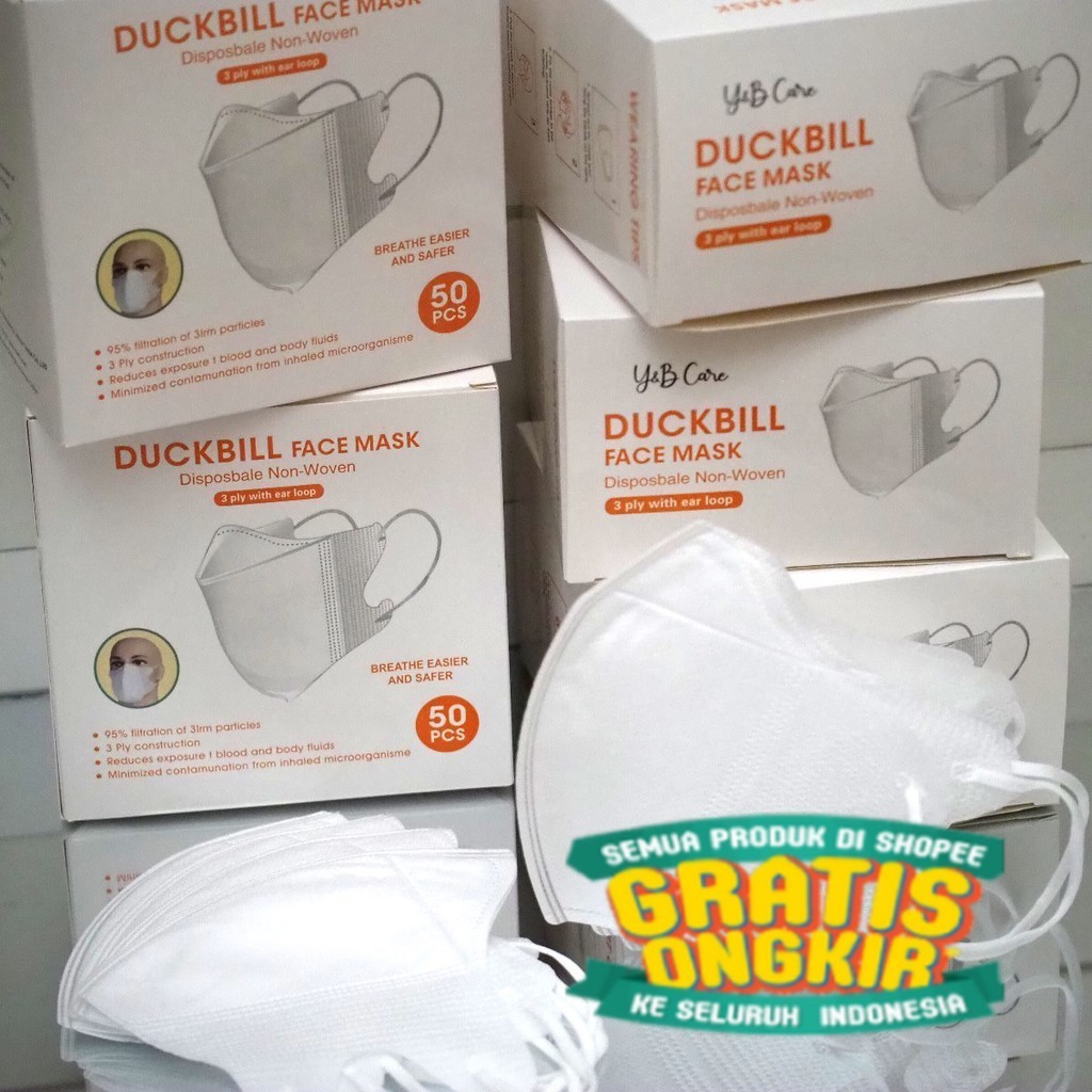 Masker Duckbill BOX ISI 50 Dewasa KN95 Mask 3Ply Hitam Putih Abu Earloop Non Headloop Hijab/ putih b