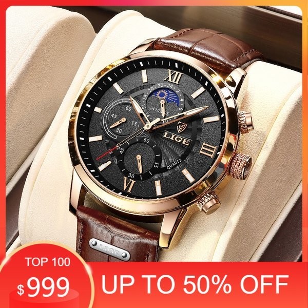 Spesial - LIGE original jam tangan pria tali kulit anti air olahraga kronograf jam tangan