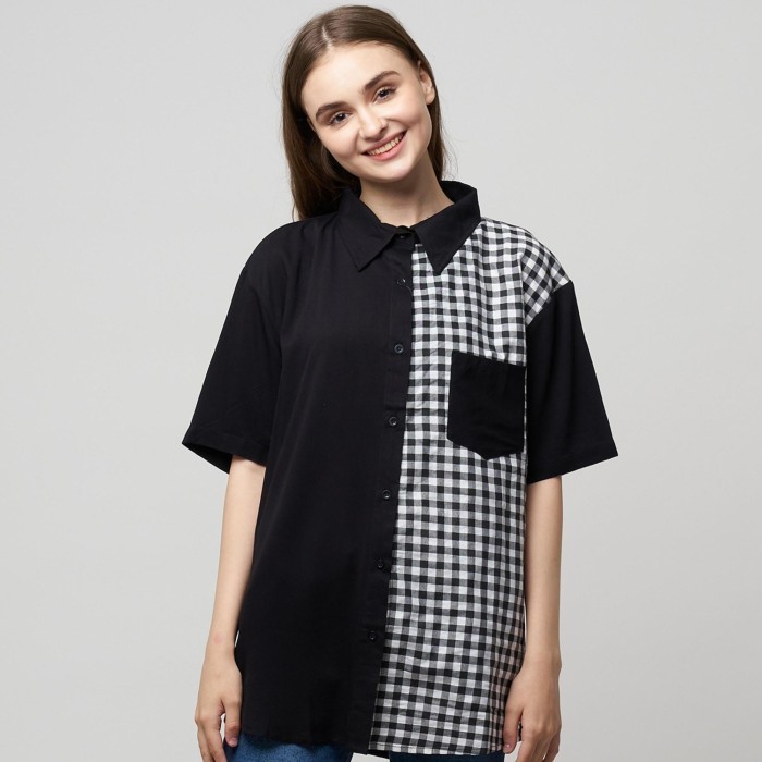 New Arrival Monellina 601104 Kemeja Oversize Wanita Lengan Pendek - Hitam, L