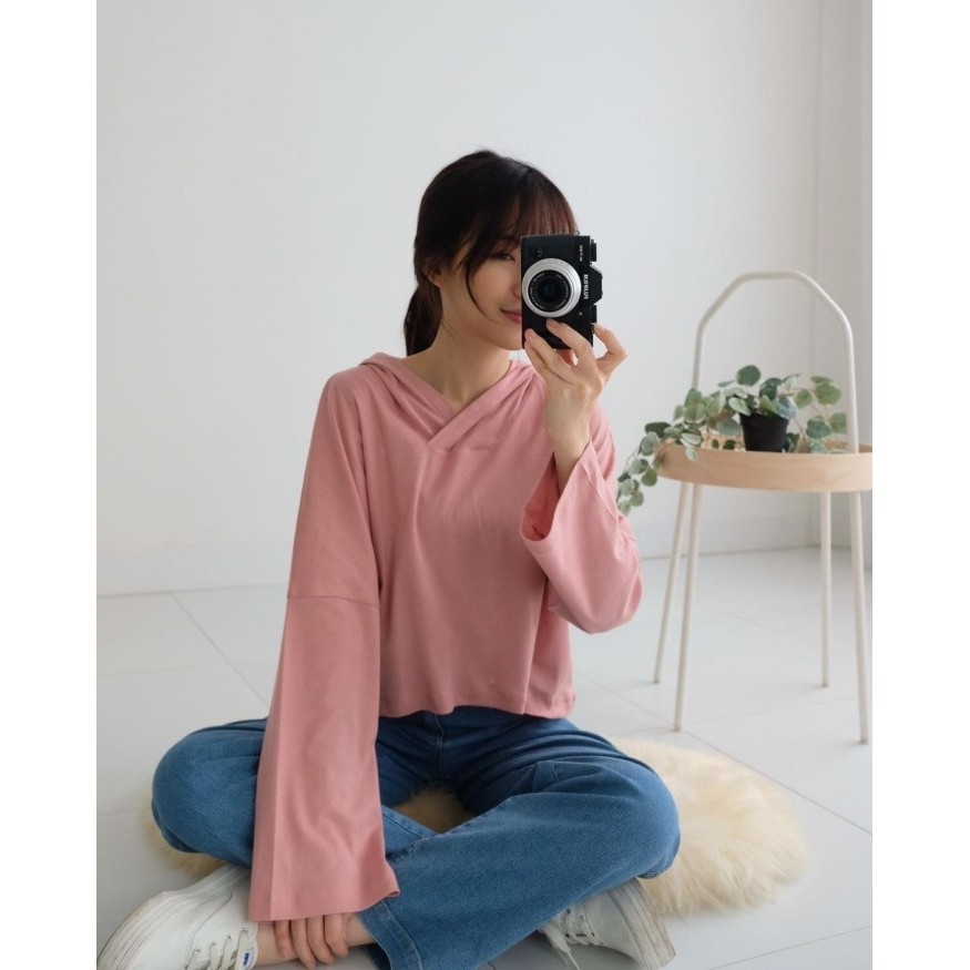 Top Wanita Oversized Crop Hoodie - Nanette Crop Hoodie - Pink