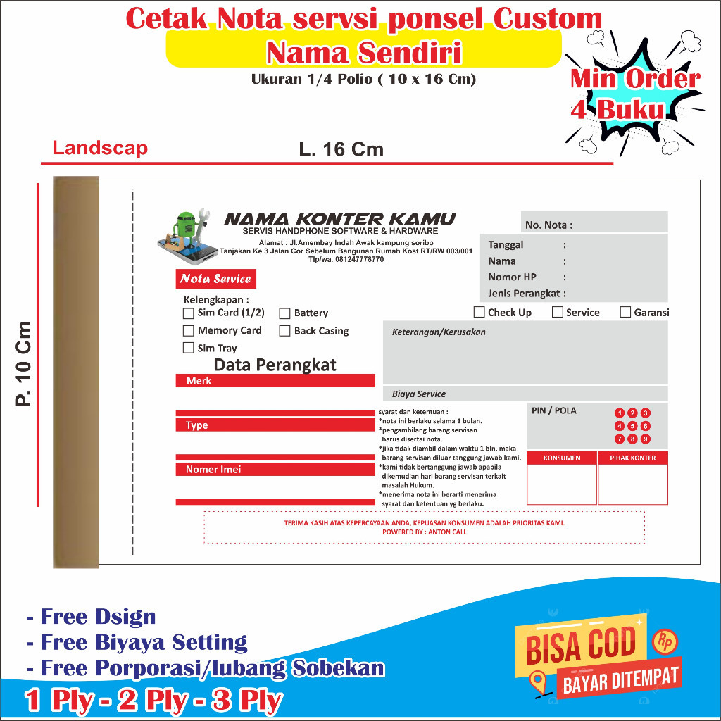 

Cetak Nota servis hp Custom Nama konter kamu sendiri ukuran 1/4 polio 10 x 16 cm buku nota servis hp cetak nota servis hp nota servis nota toko servis hp nota servis ponsel nota service hp