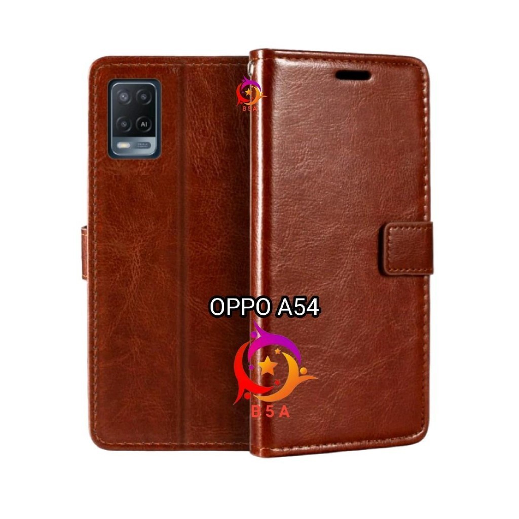 OPPO A54 Flip Cover Wallet Leather Casing Dompet Kulit ( Case Untuk A54 ) Slot Card Warna Hitam Mera