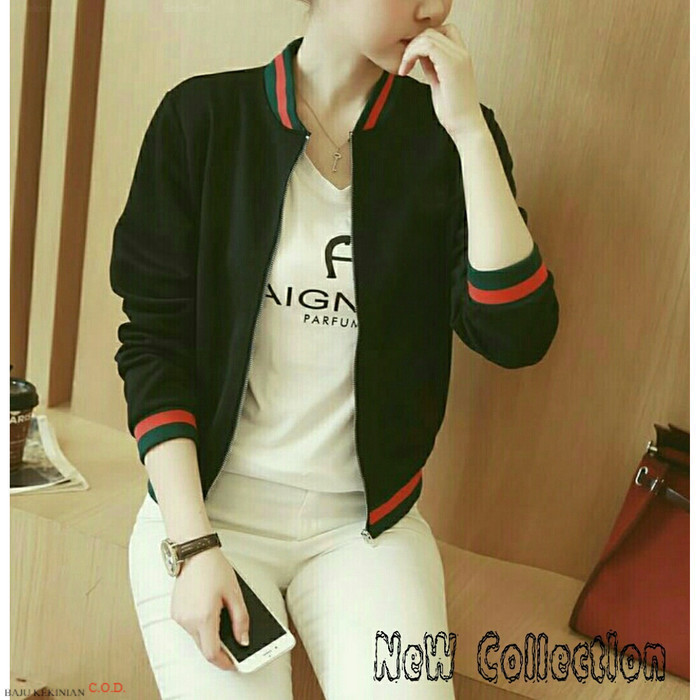 Baju jaket List Hitam VE jaket Wanita babytery Hitam Kekinian