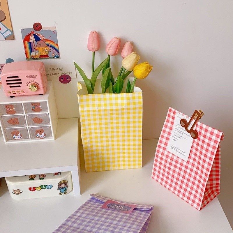 

[ , ] Korean Paper Bag Lucu Motif Kotak-Kotak/ Maracon Plaid Paper Bag