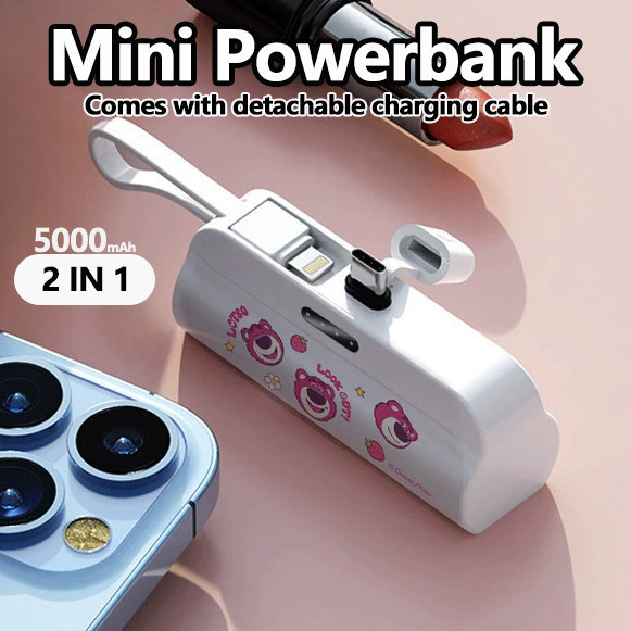 COD |【Power Bank Mini 5000mAh】2 Port Charger Bawaan, Cocok untuk HP Android & iPhone Praktis & Ringk