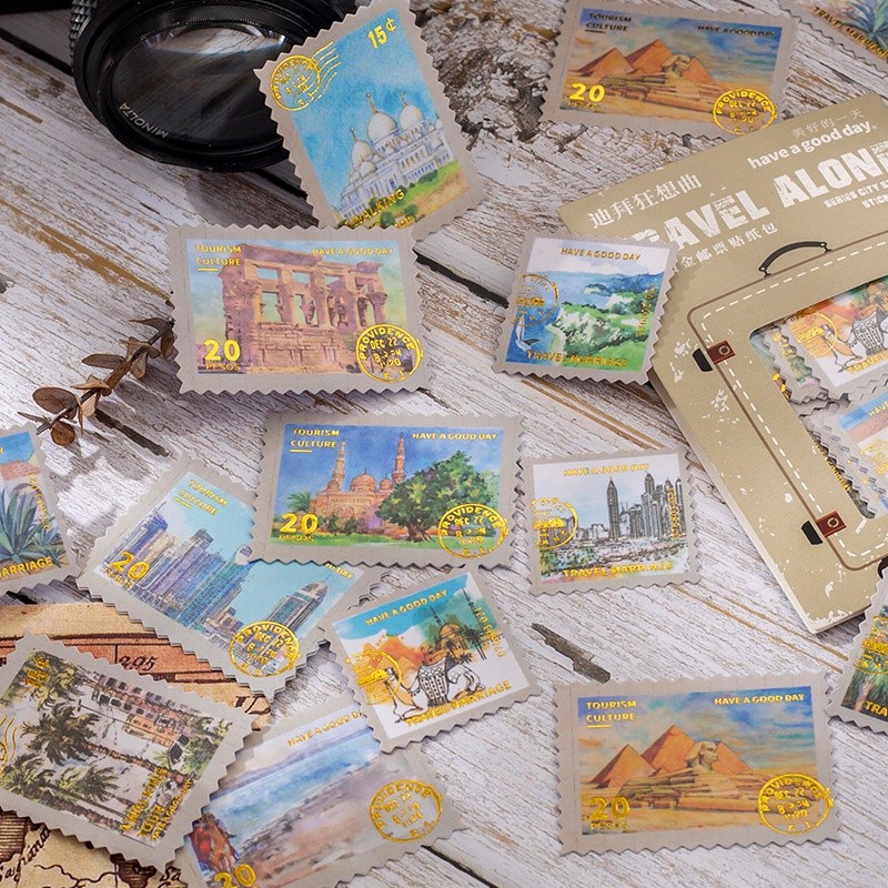 

45pcs/pack Bronzing Stamp Style Stickers Pack City Lanscape One Person's Travel Series Handbook Material Stickers