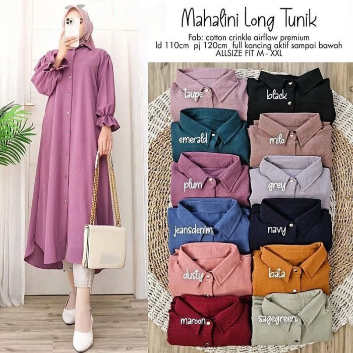 Mahalini Long Tunik Wanita Bahan Crinkle - Hitam
