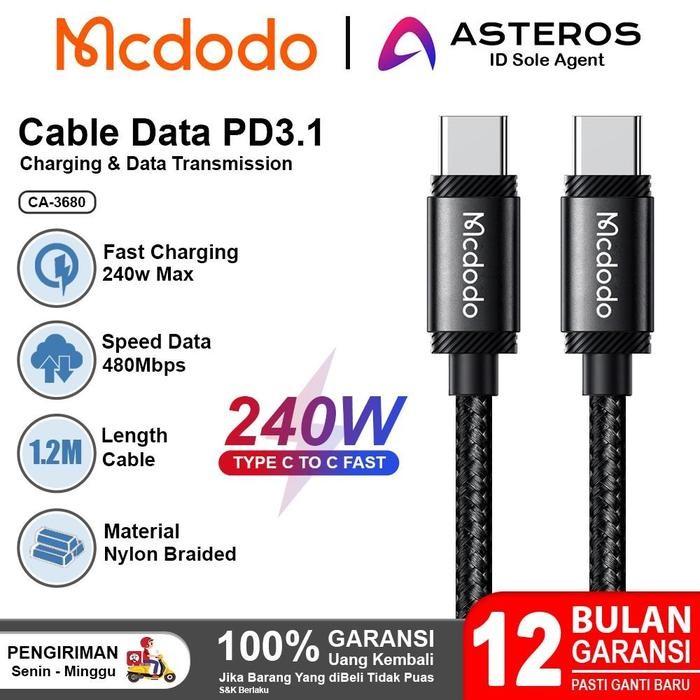 MCDODO Kabel Type C to Type C Fast Charging 240w Nylon Braided CA-368 - CA-2990 1.2M
