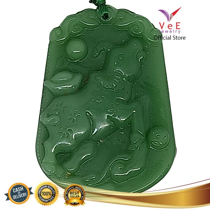 Kalung Liontin Shio Kerbau Batu Giok Asli Original Cina -VeE Feng Shui - Hijau