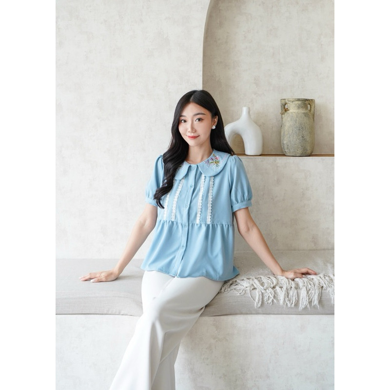 [COTTONBELLS] BAJU PREMIUM VENYCA COLLAR BUTTON RUFFLE BORDIR PLAID TOP (SP - B 13653)