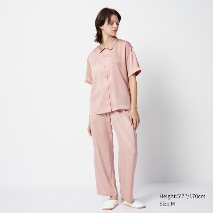 PR UNIQLO Piyama Satin Lengan Pendek Set Baju TIdur Setelan Wanita JASTIP - PINK11, M
