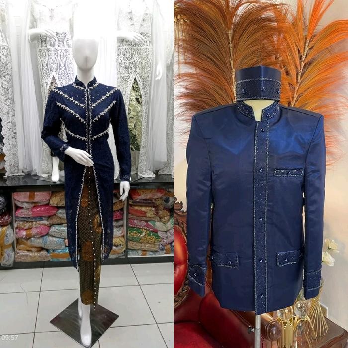 sepasang baju orang tua pengantin / kebaya ibu hajat couple beskap - navy, M