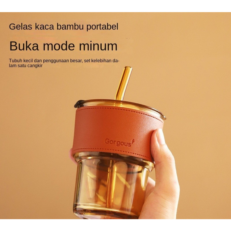 GELAS KACA GORGOUS TANPA BOX 400ML Gelas Kaca Korean Aesthetic Anti Panas Set Sedotan Murah