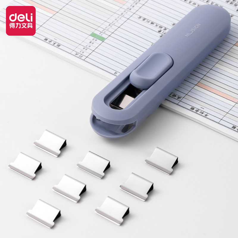 

Deli Portable Hand Paper Clip Dispenser Stapler with 8pcs Metal Refill Clips File Document Clamp Binding Tool Clipper