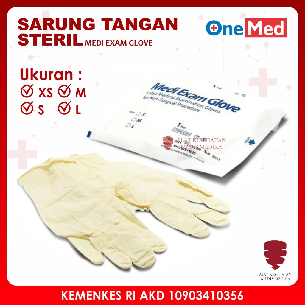 Sarung Tangan Medi Exam Sterile Ukuran XS S M L Onemed  Handscoon Handscon Handskun Karet Latex Surg