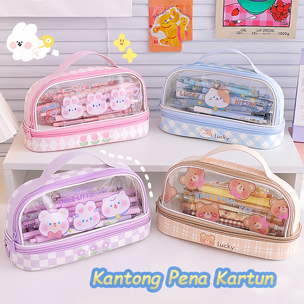 

【LEMLINGER】Tas Pensil Transparan Dua Lapis Berkapasitas Besar / Tas Pensil Siswa Kartun Lucu / Tempat Pensil Bernilai Tinggi
