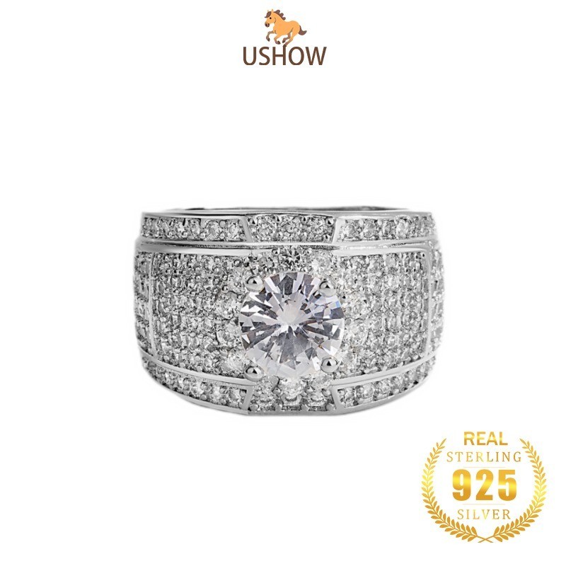 USHOW Cincin Emas 18K 5A Zirkon Pria Cincin Mewah 925 Perak