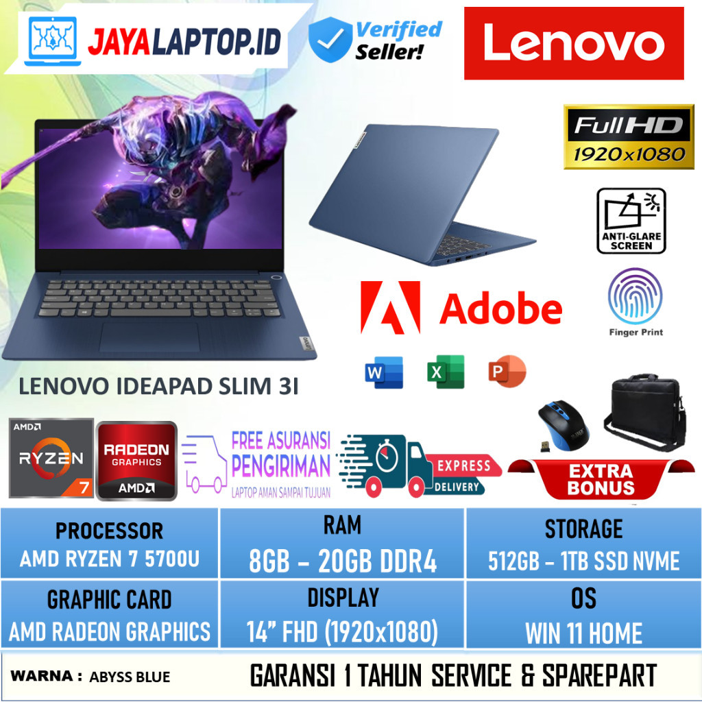 Laptop Lenovo Ideapad Slim 3 Ryzen 7 5700U Ram 20GB 1TB Ssd Full HD Backlit Abyss Blue