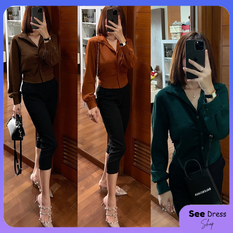 PAKAIAN WANITA KEMEJA CROP KERUT CRINCLE BAJU CROP KARET BELAKANG KEMEJA TANGAN PANJANG HIJAB BUSUI 
