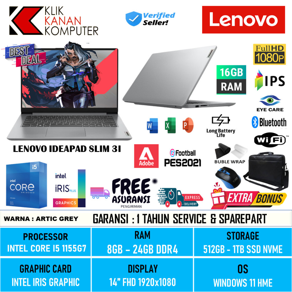 Laptop Murah Baru Lenovo ideapad Slim 3I 14 Intel Core i5 1155G7 - Core i3 1115G4 Ram 24GB 1TB SSD Windows 11 terlaris