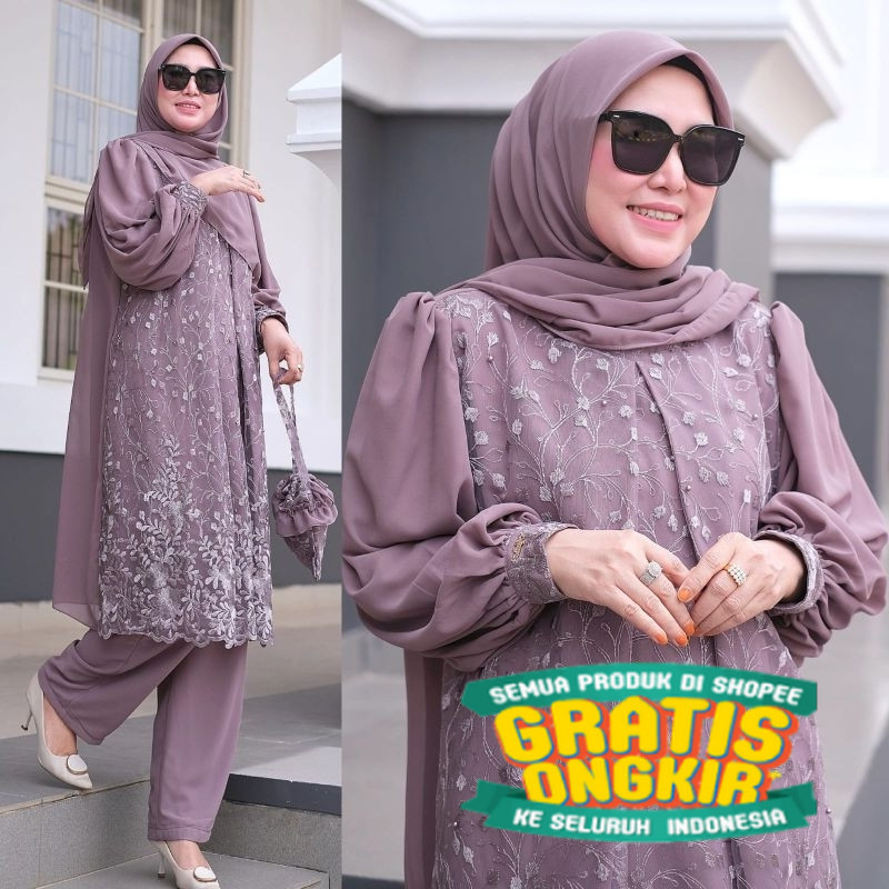 Vallina Outfit - Lexi One Set Brokat Long Tunic Setelan Wanita Muslim Cerutty Brukat Pesta Kondangan