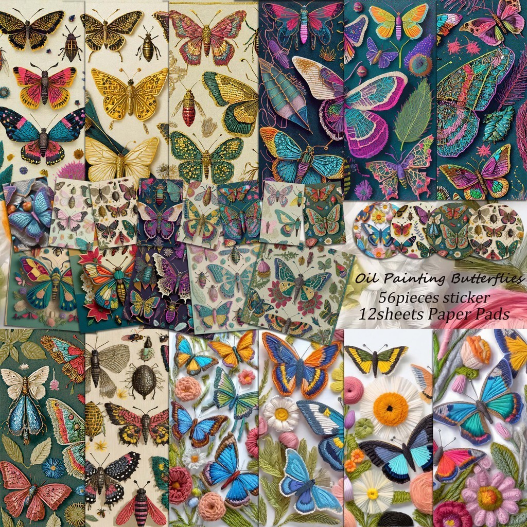 

68pieces(12papers+56stickers) Vintage Colorful Butterfly Junk Journal Set,Perfect for Journal Supplies,Arts Crafts,Scrapbooking