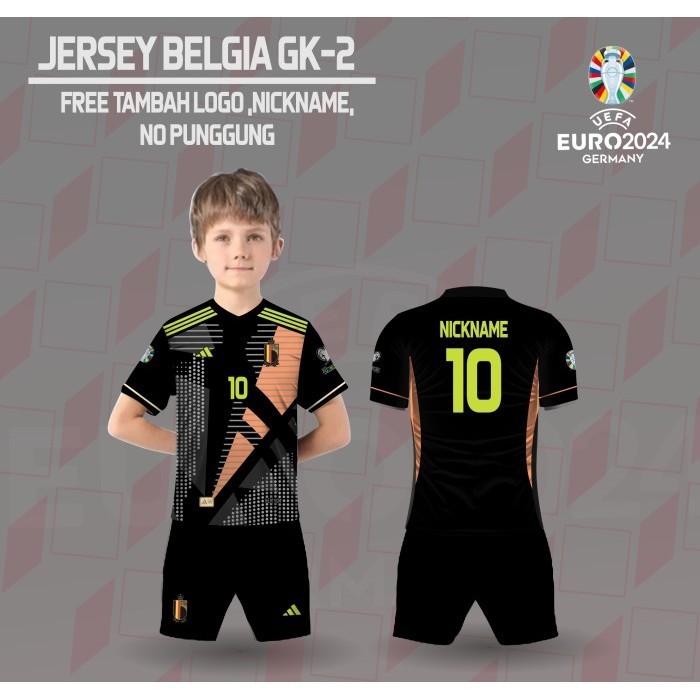 Setelan jersey anak kaos sepak bola kiper timnas belgia baju piala eropa jerman 2024 - Hitam, 0