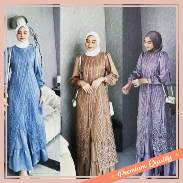 Baju Lebaran Wanita Kekinian Modern Keren Bahan Premium / NADIN DRESS GAMIS BRUKAT TERBARU SATIN VEL
