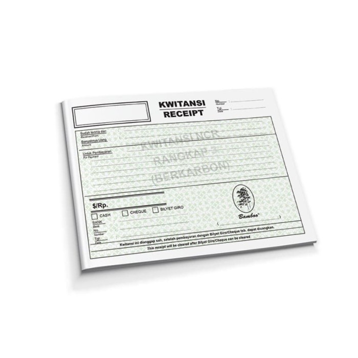 

kwitansi rangkap 3 atau 3 ply NCR (berkarbon) bamboo 1Buku saja