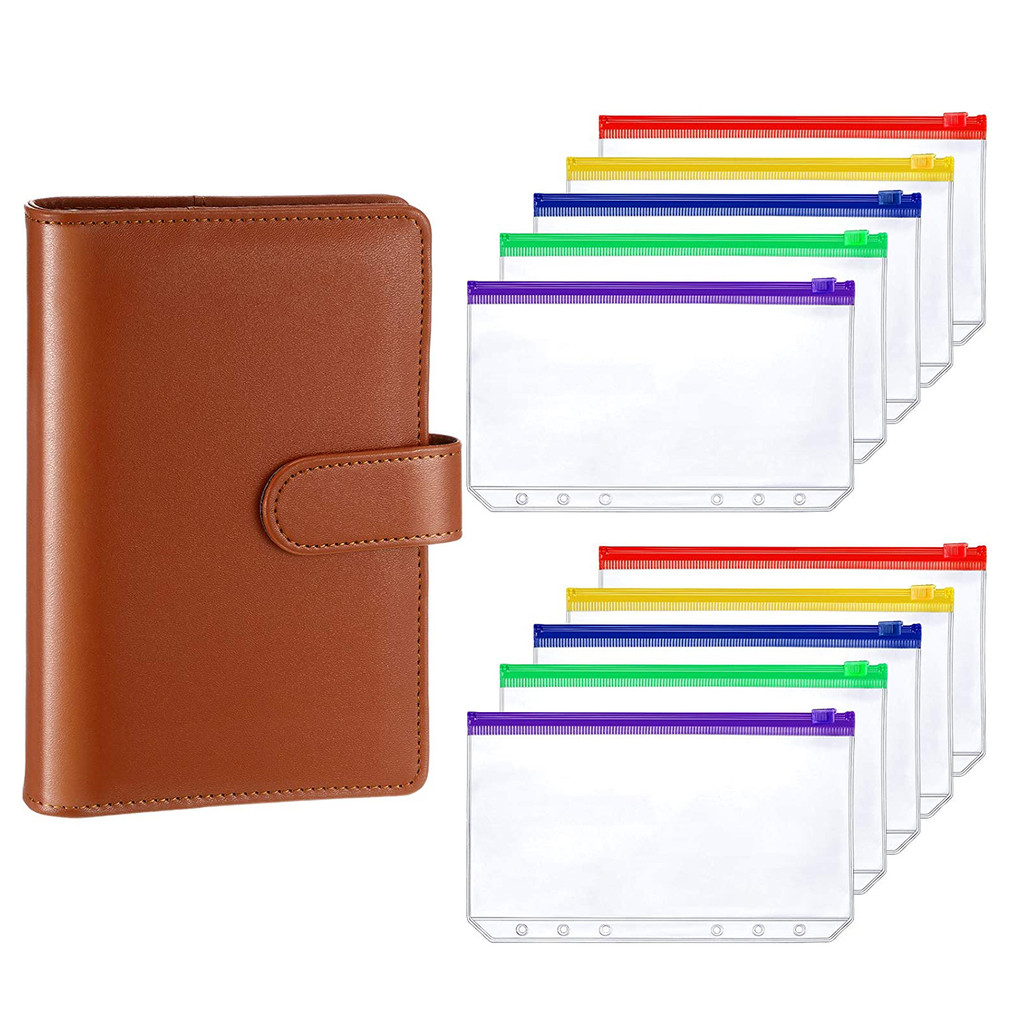 

A6 PU 6 Ring Binder Notebook Planner Refillable Cover Magnetic Buckle and 10 Pieces Multicolor Binder Pockets Zipper Folders