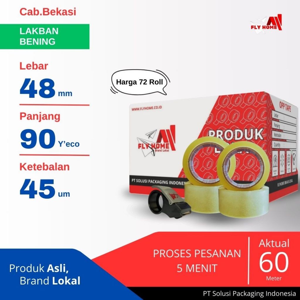 

FLYHOME 1Dus Lakban Bening 48x90Y 2inchi Solasi Uk Besar 72Roll ECO 90 yard CARGO