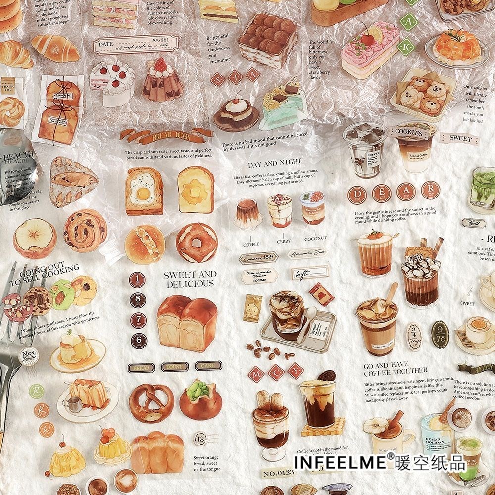 

3 Sheets/pack Bread Ice Cream And Coffee Stickers Yummy Food Transparent PET Stickers for Scrapbooking Embellishments DIY Crafts