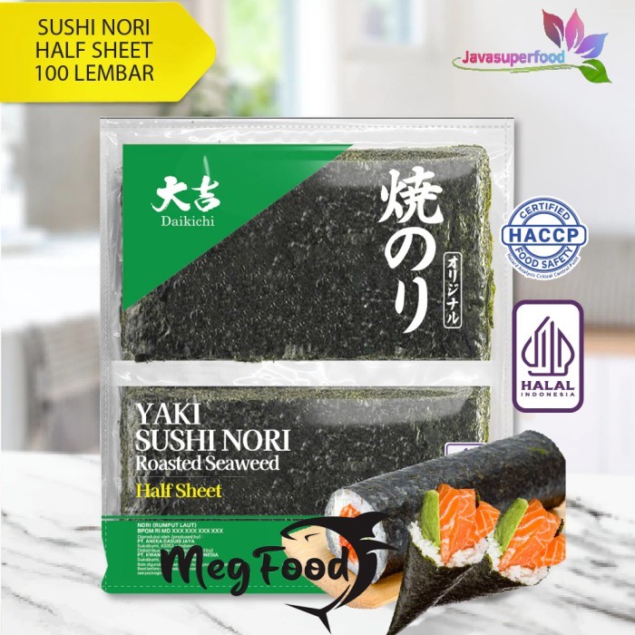 

Daikichi Yaki Sushi Nori Half Sheet Roasted Seaweed / Rumput Laut Panggang (isi 100 lembar)