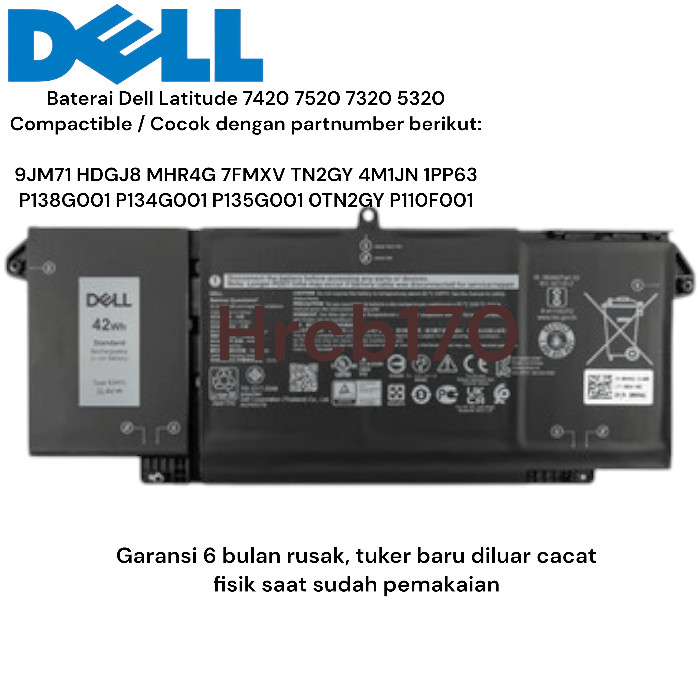 Baterai Dell Latitude 7320 7420 7520 5320 series Partnumber 9JM71 TN2GY 42Wh -HRCB170