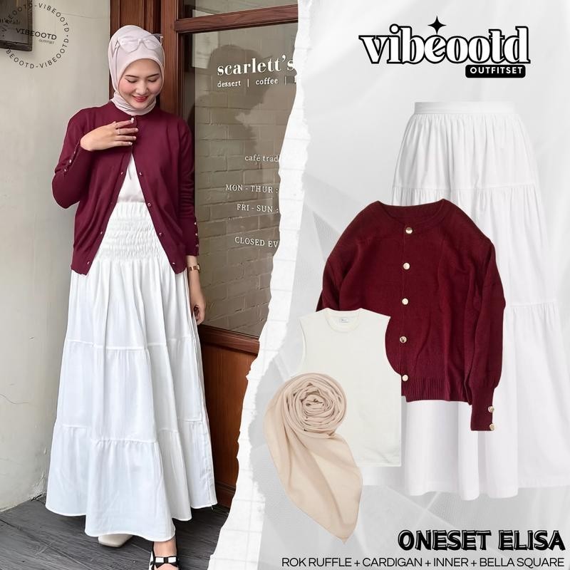 Elisa Outfit Set Wanita Hijab ( Rok Ruffle Panjang + Cardigan Kancing Rajut Tebal + Inner Knitt Rib 