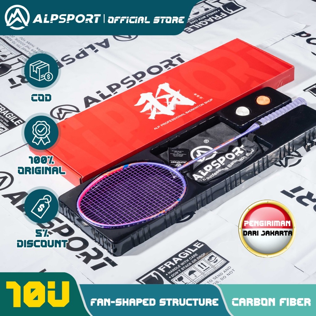 ALPSPORT GJ Max 35LBS 10U 52G Raket Bulutangkis Ungu/Hitam/Merah Senar Grip Terpasang Premium Serat 