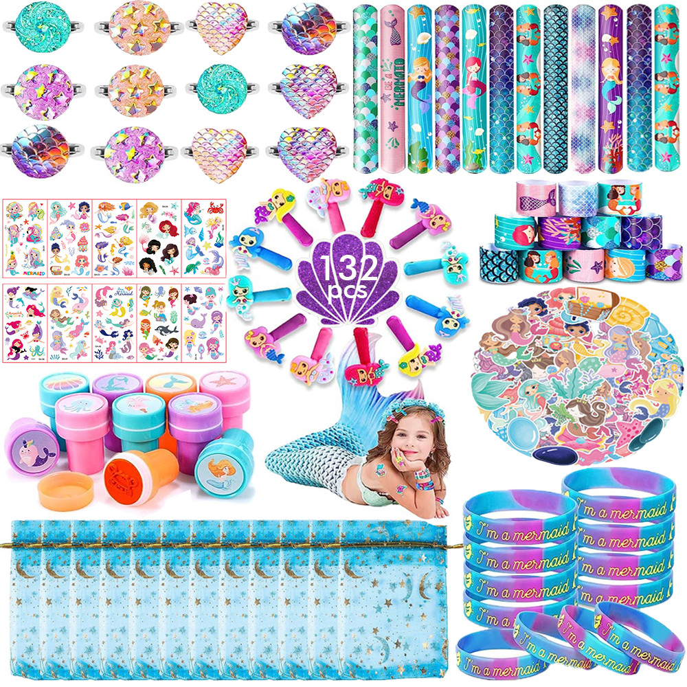 

132 Pcs Girls Mermaid Party Favors, Mermaid Birthday Party Decor Toys, Small Drawstring Mermaid Favors Bags,