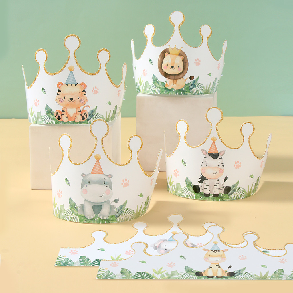 

6pcs Cartoon Jungle Animal Party Paper Caps Crown Party Hats Gift For Kids Wild One Birthday Party Woodland Baby Shower Supplies